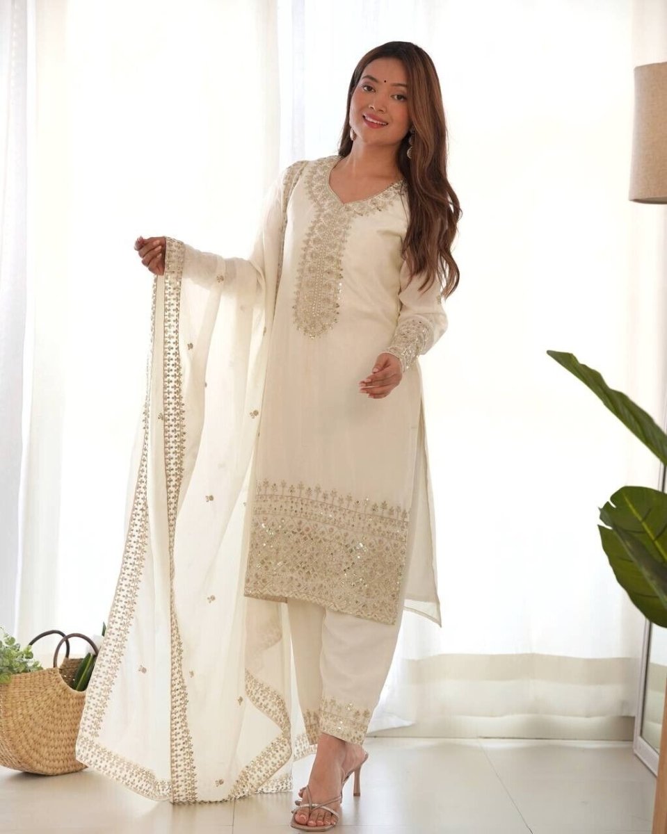Chinon silk Designer Pakistani Salwar Kameez Set Wedding & Party Wear White - 001FASHIONFORWARD