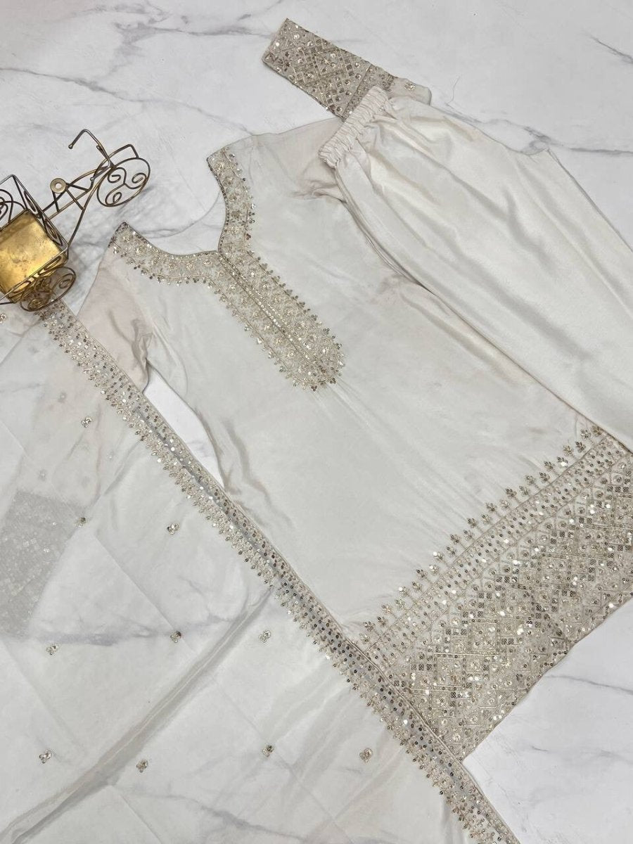 Chinon silk Designer Pakistani Salwar Kameez Set Wedding & Party Wear White - 001FASHIONFORWARD
