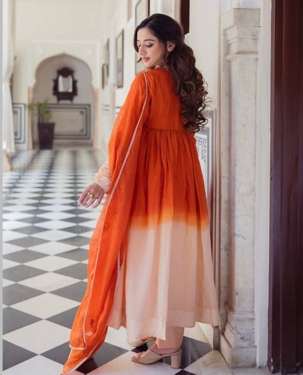 Chinon Silk Digital Print Orange Anarkali Gown With Handwork - 001FASHIONFORWARD