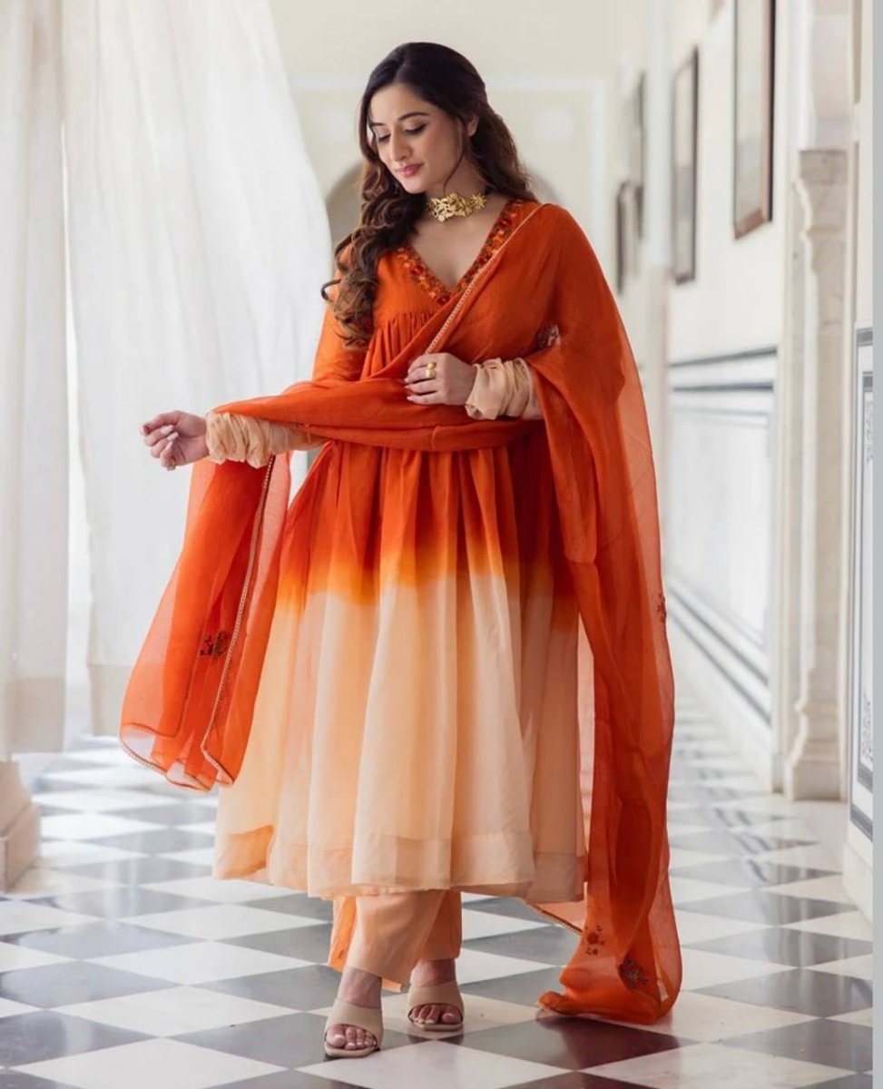 Chinon Silk Digital Print Orange Anarkali Gown With Handwork - 001FASHIONFORWARD