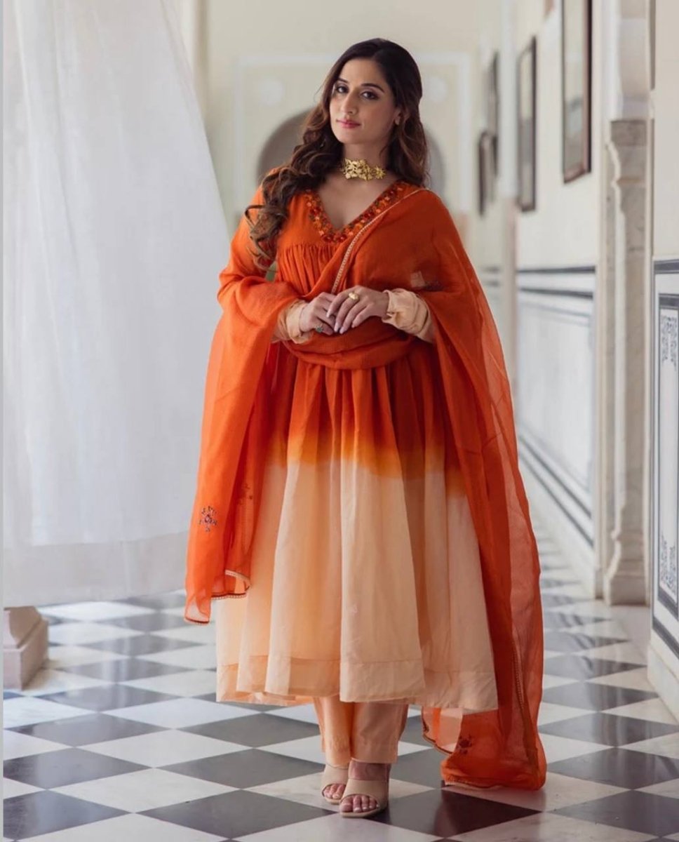 Chinon Silk Digital Print Orange Anarkali Gown With Handwork - 001FASHIONFORWARD