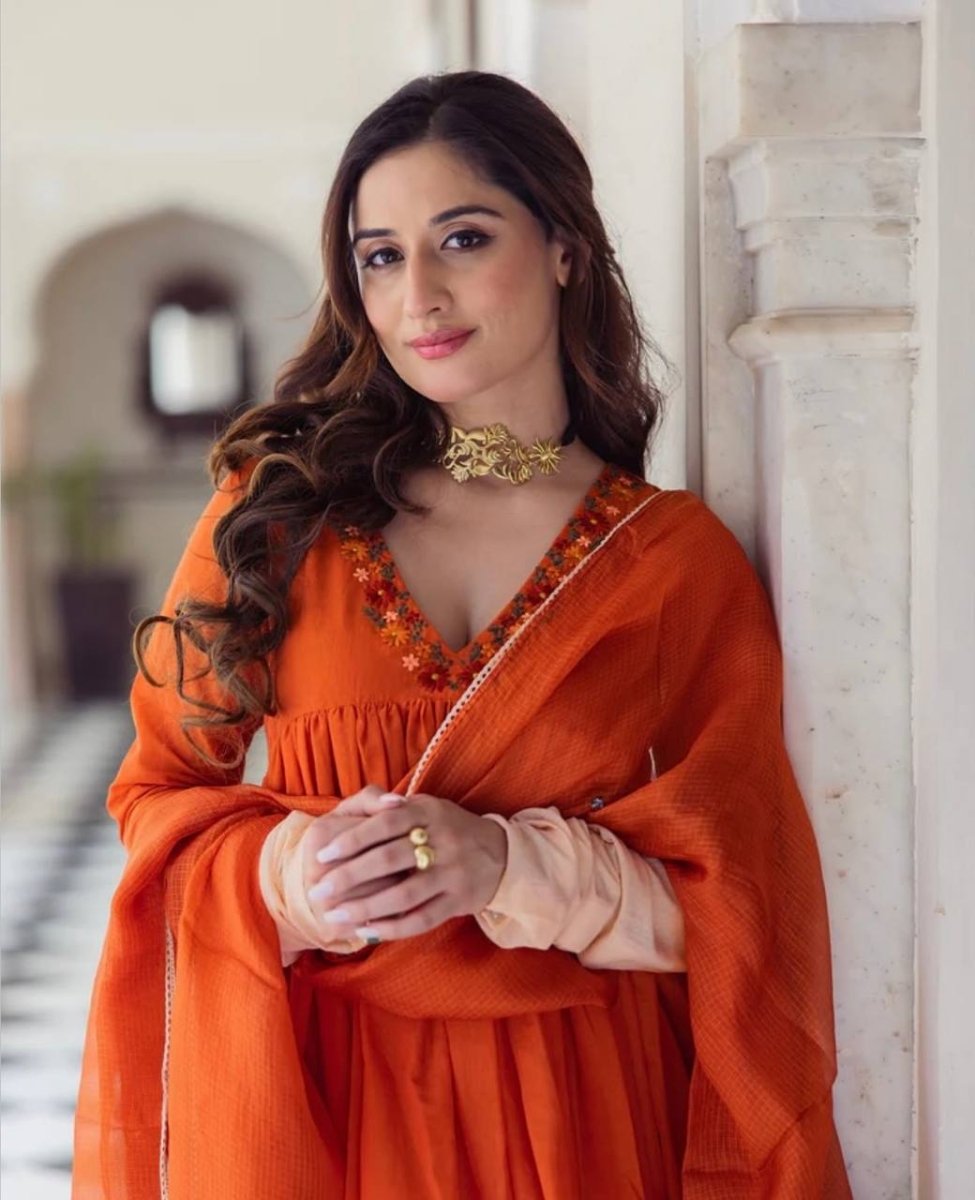 Chinon Silk Digital Print Orange Anarkali Gown With Handwork - 001FASHIONFORWARD