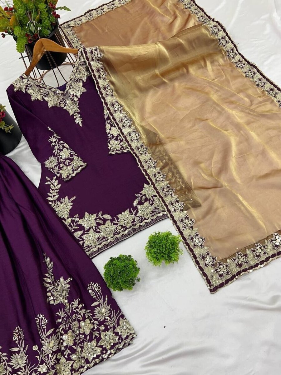 Chinon Silk Embroidered Palazzo Suit Set – Fully Stitched Partywear Sharara - 001FASHIONFORWARD