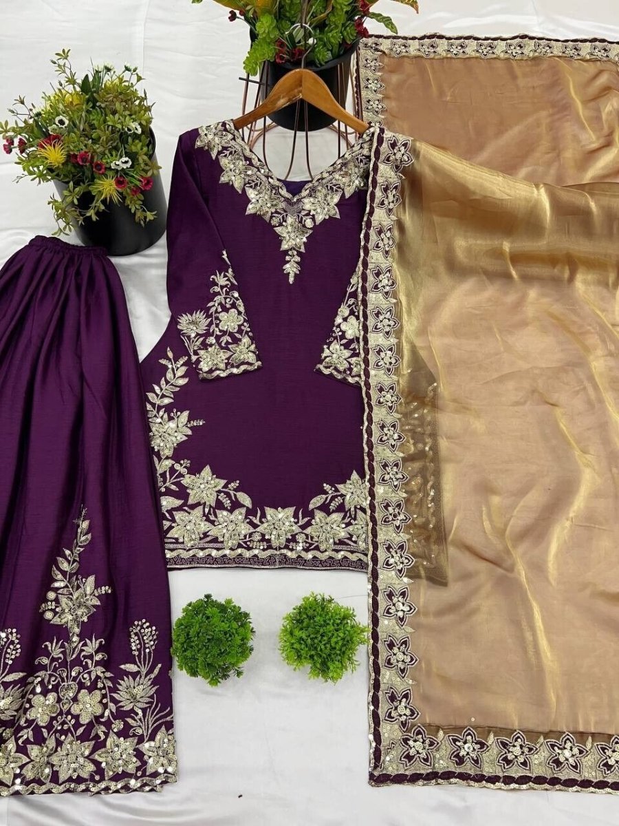 Chinon Silk Embroidered Palazzo Suit Set – Fully Stitched Partywear Sharara - 001FASHIONFORWARD