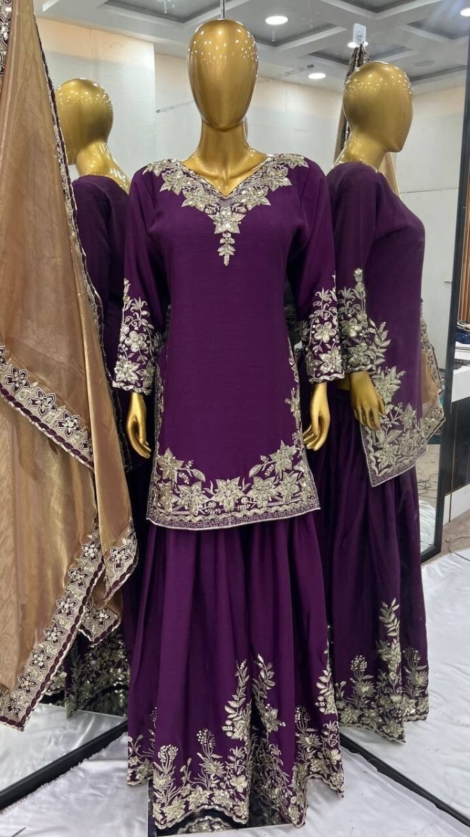Chinon Silk Embroidered Palazzo Suit Set – Fully Stitched Partywear Sharara - 001FASHIONFORWARD