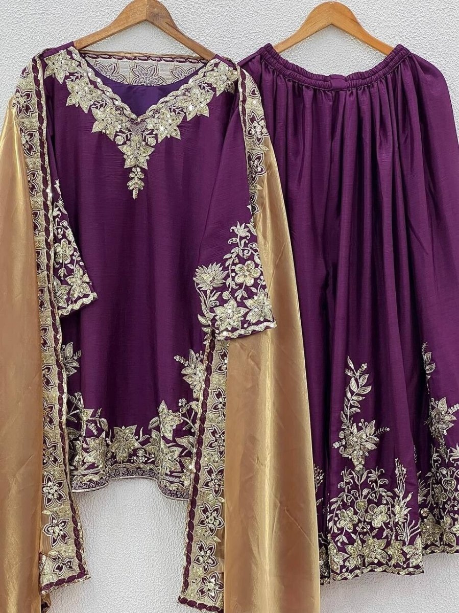 Chinon Silk Embroidered Palazzo Suit Set – Fully Stitched Partywear Sharara - 001FASHIONFORWARD