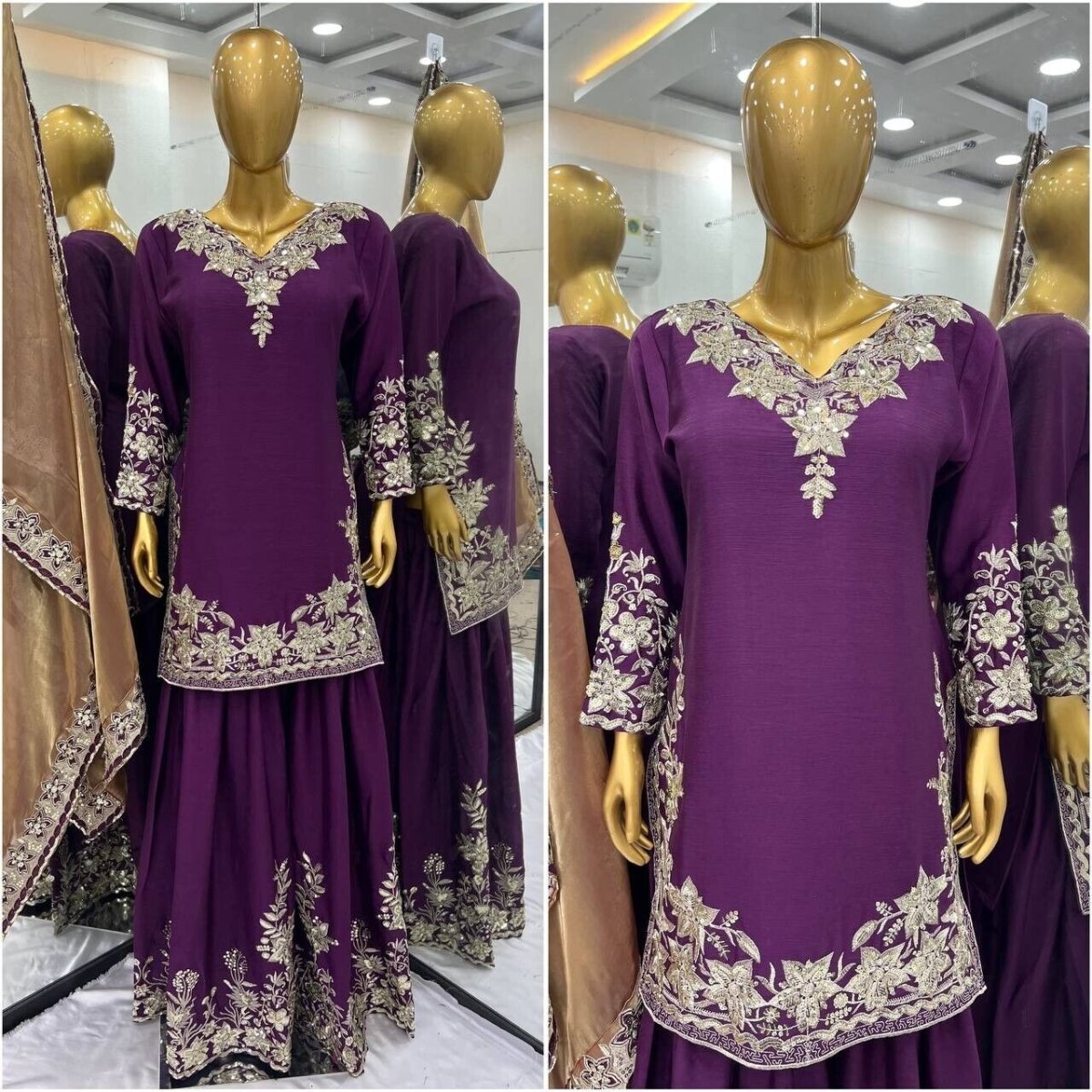 Chinon Silk Embroidered Palazzo Suit Set – Fully Stitched Partywear Sharara - 001FASHIONFORWARD