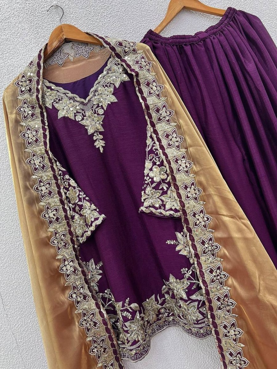 Chinon Silk Embroidered Palazzo Suit Set – Fully Stitched Partywear Sharara - 001FASHIONFORWARD