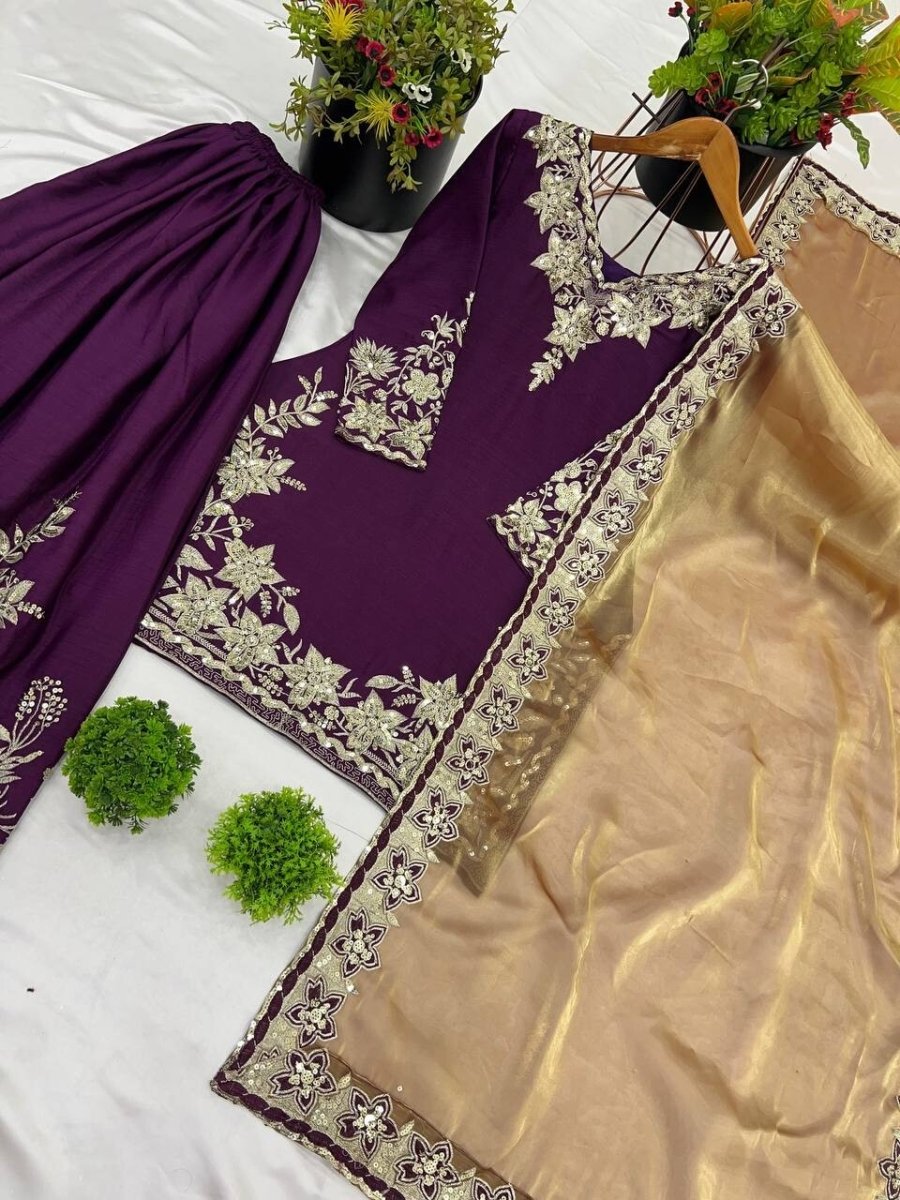 Chinon Silk Embroidered Palazzo Suit Set – Fully Stitched Partywear Sharara - 001FASHIONFORWARD
