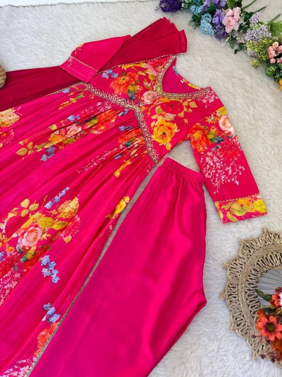 Chinon silk Indian Floral Anarkali Full length flared Gown Set – Readymade - 001FASHIONFORWARD