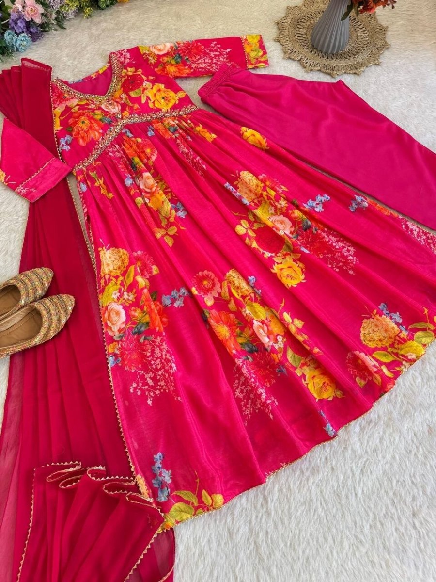 Chinon silk Indian Floral Anarkali Full length flared Gown Set – Readymade - 001FASHIONFORWARD