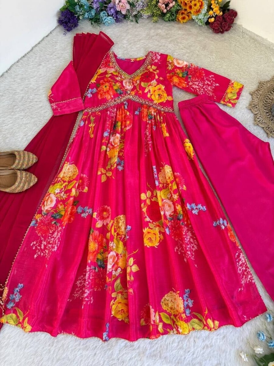 Chinon silk Indian Floral Anarkali Full length flared Gown Set – Readymade - 001FASHIONFORWARD