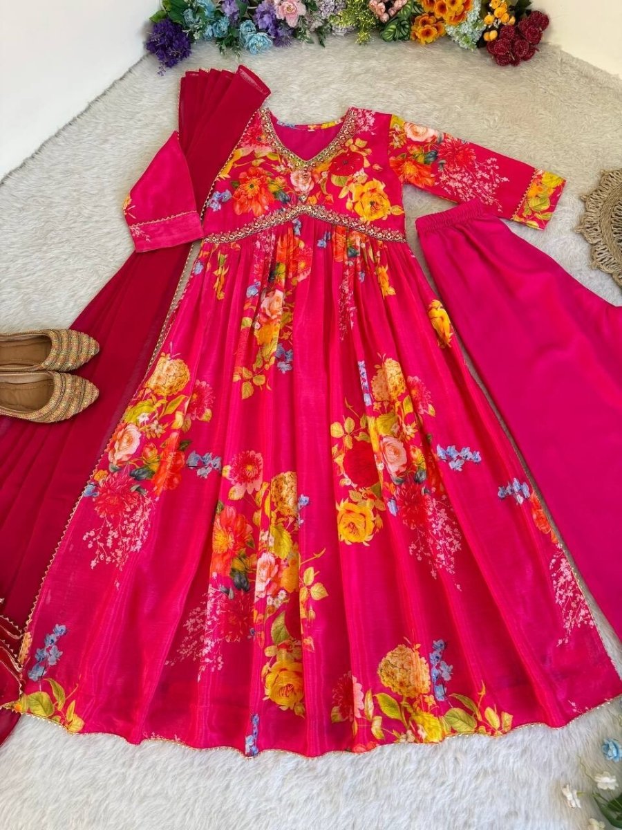 Chinon silk Indian Floral Anarkali Full length flared Gown Set – Readymade - 001FASHIONFORWARD
