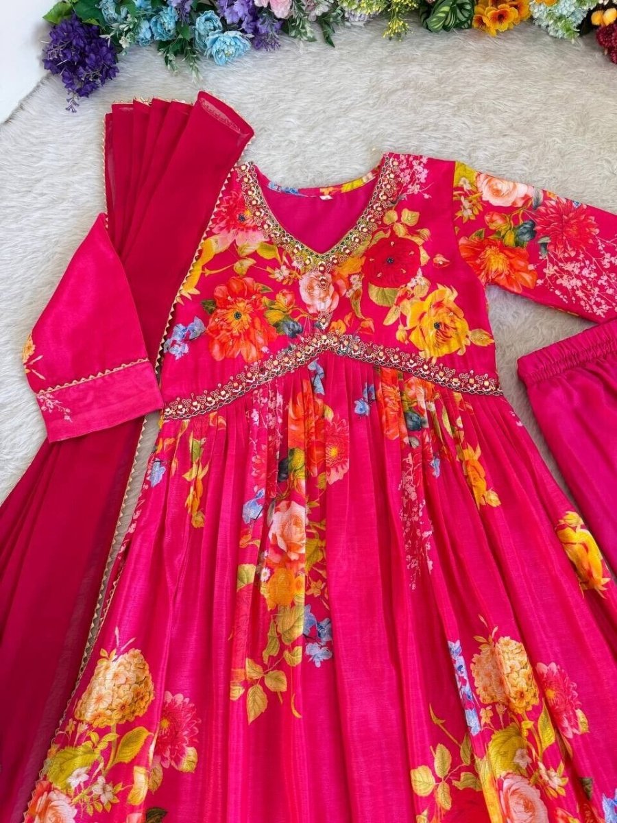 Chinon silk Indian Floral Anarkali Full length flared Gown Set – Readymade - 001FASHIONFORWARD