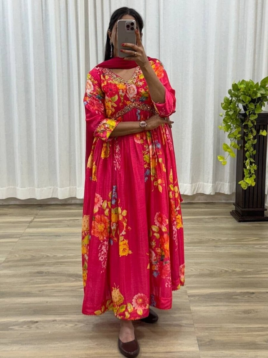 Chinon silk Indian Floral Anarkali Full length flared Gown Set – Readymade - 001FASHIONFORWARD