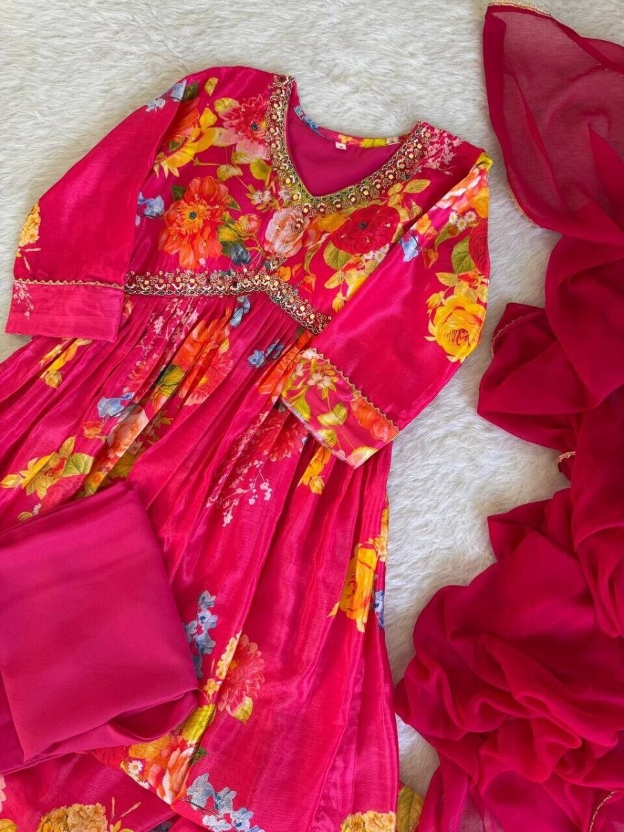 Chinon silk Indian Floral Anarkali Full length flared Gown Set – Readymade - 001FASHIONFORWARD