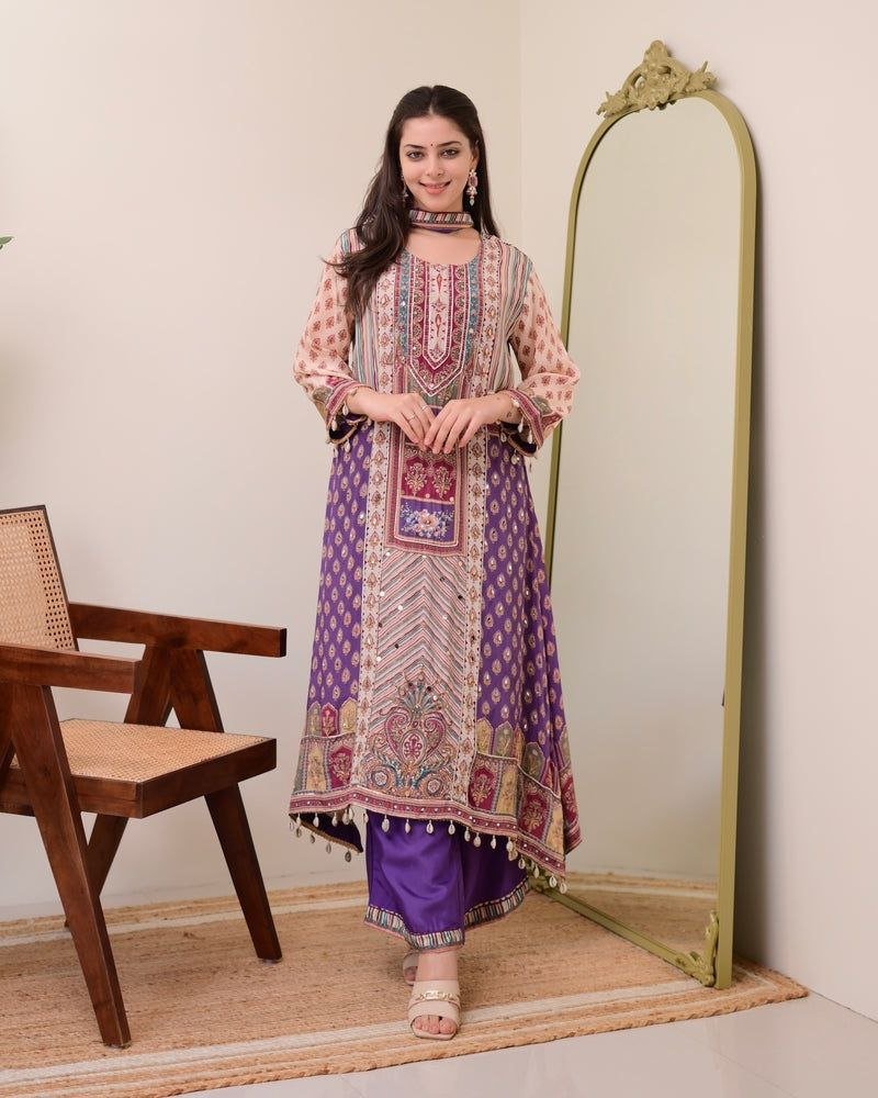 Chinon Silk Kurta Sharara Set with Sequins Embroidery Work for Women - 001FASHIONFORWARD