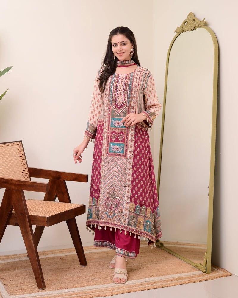Chinon Silk Kurta Sharara Set with Sequins Embroidery Work for Women - 001FASHIONFORWARD