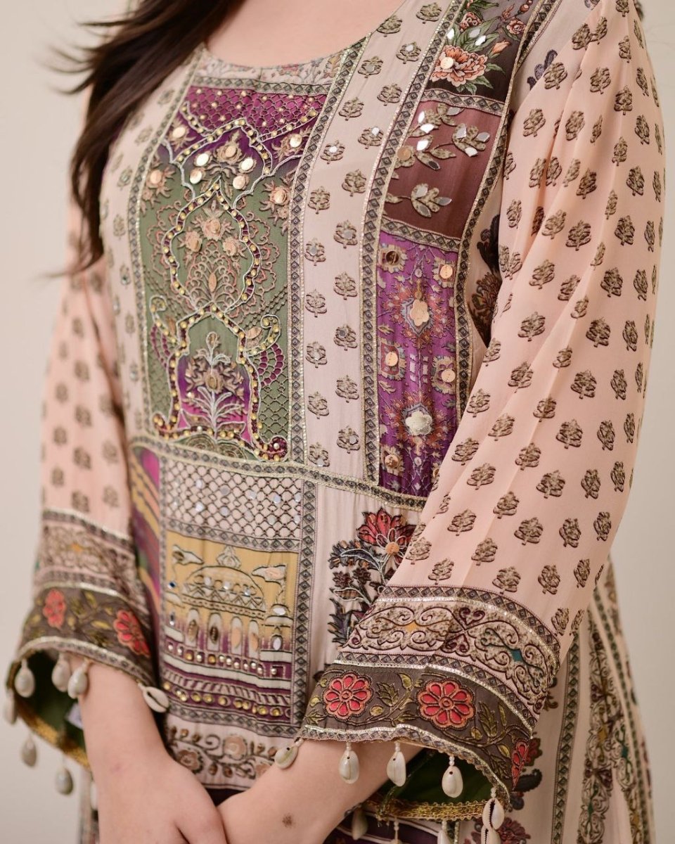 Chinon Silk Kurta Sharara Set with Sequins Embroidery Work for Women - 001FASHIONFORWARD