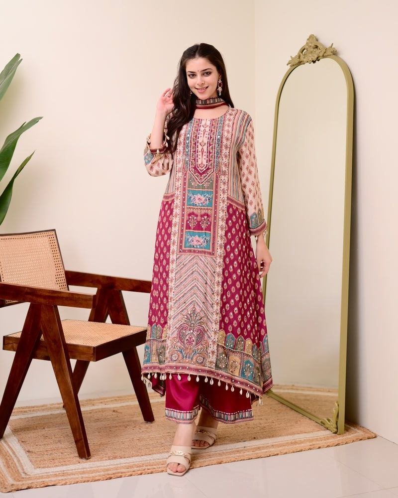 Chinon Silk Kurta Sharara Set with Sequins Embroidery Work for Women - 001FASHIONFORWARD