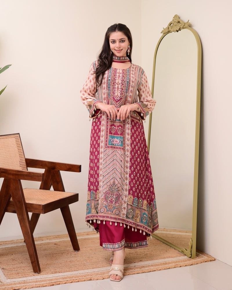 Chinon Silk Kurta Sharara Set with Sequins Embroidery Work for Women - 001FASHIONFORWARD