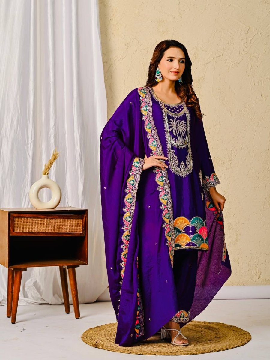 Chinon Silk Purple Salwar Kameez Suit With Sequin Embroidery Work - 001FASHIONFORWARD