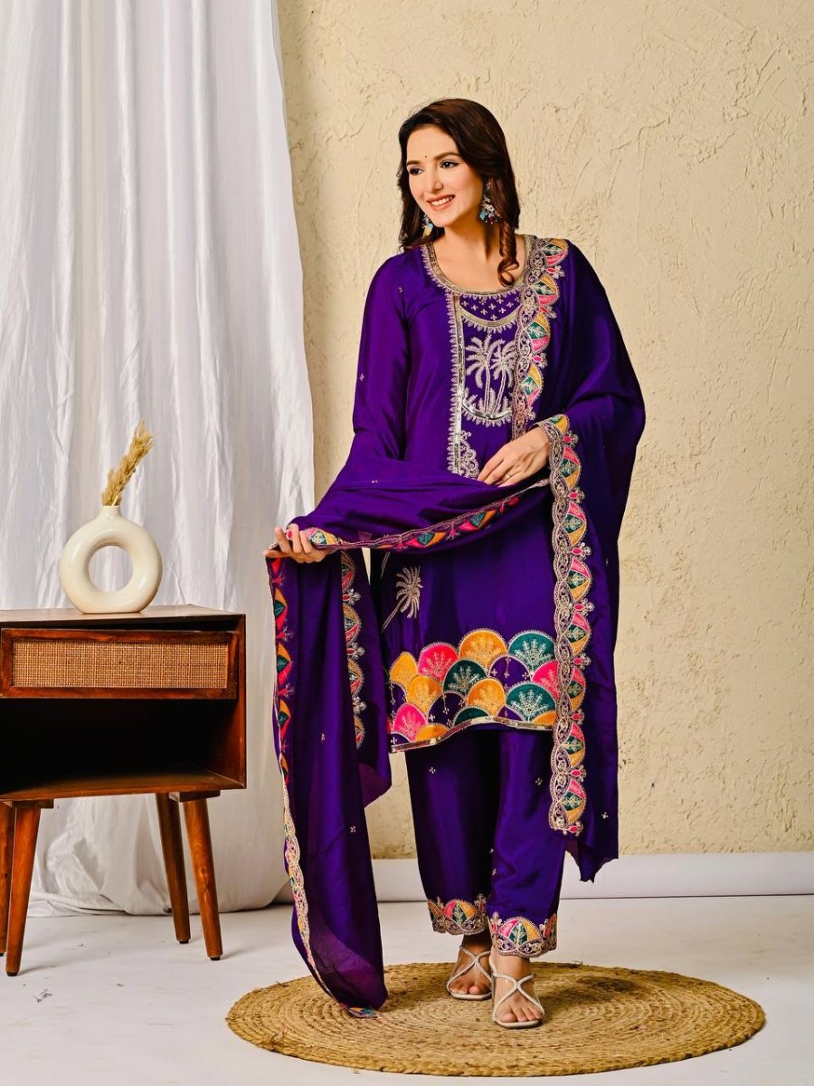Chinon Silk Purple Salwar Kameez Suit With Sequin Embroidery Work - 001FASHIONFORWARD