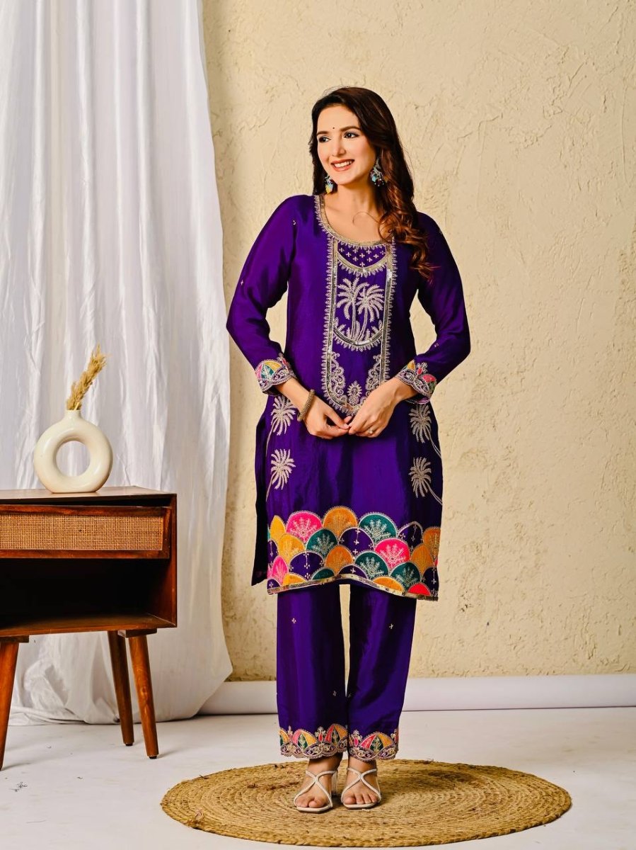 Chinon Silk Purple Salwar Kameez Suit With Sequin Embroidery Work - 001FASHIONFORWARD