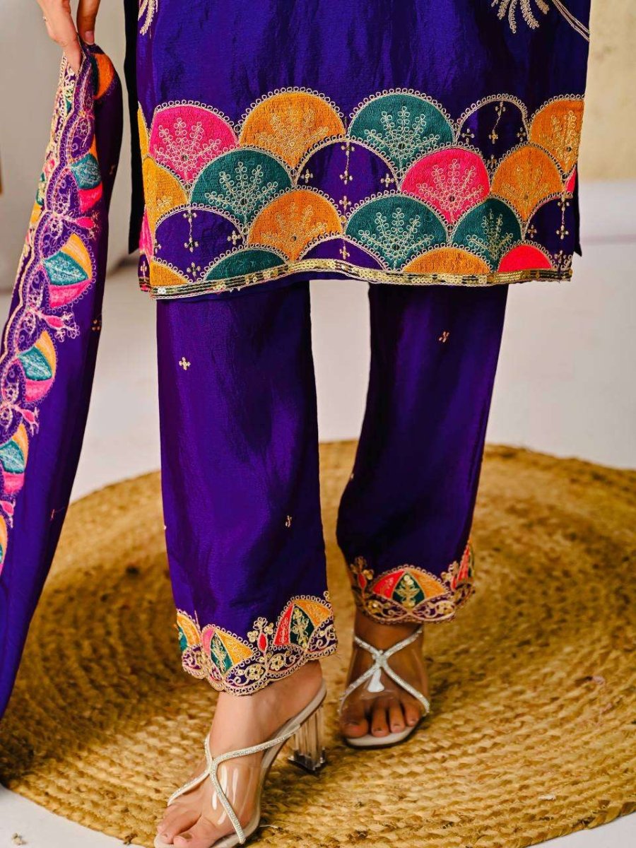 Chinon Silk Purple Salwar Kameez Suit With Sequin Embroidery Work - 001FASHIONFORWARD