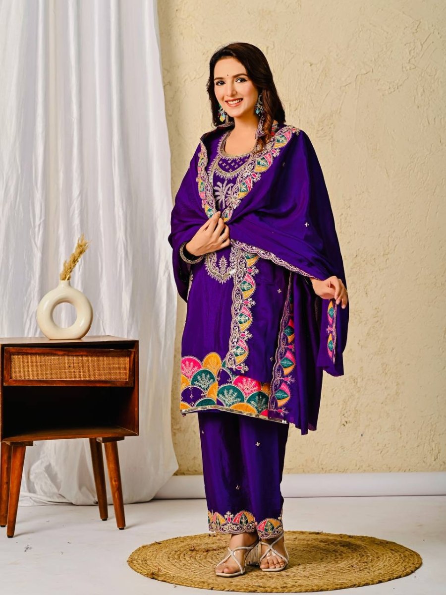 Chinon Silk Purple Salwar Kameez Suit With Sequin Embroidery Work - 001FASHIONFORWARD