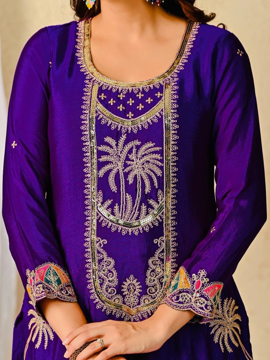 Chinon Silk Purple Salwar Kameez Suit With Sequin Embroidery Work - 001FASHIONFORWARD
