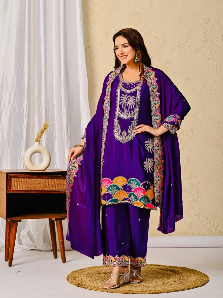 Chinon Silk Purple Salwar Kameez Suit With Sequin Embroidery Work - 001FASHIONFORWARD