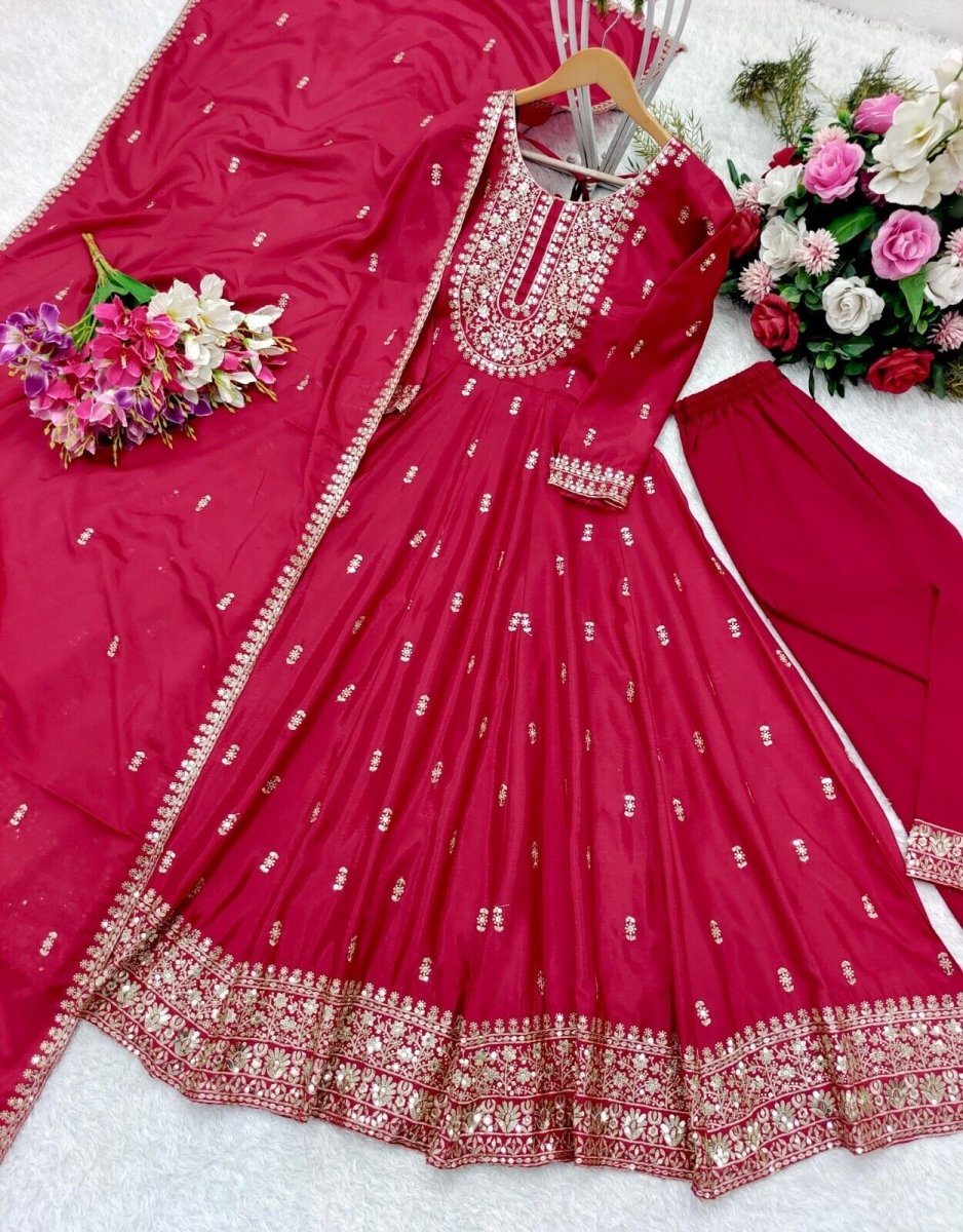 Chinon silk red Flared Anarkali Gown , Full Length Suit With Pant duppatta - 001FASHIONFORWARD