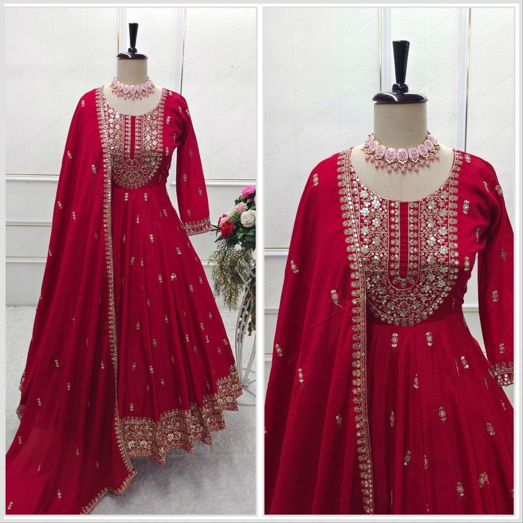 Chinon silk red Flared Anarkali Gown , Full Length Suit With Pant duppatta - 001FASHIONFORWARD