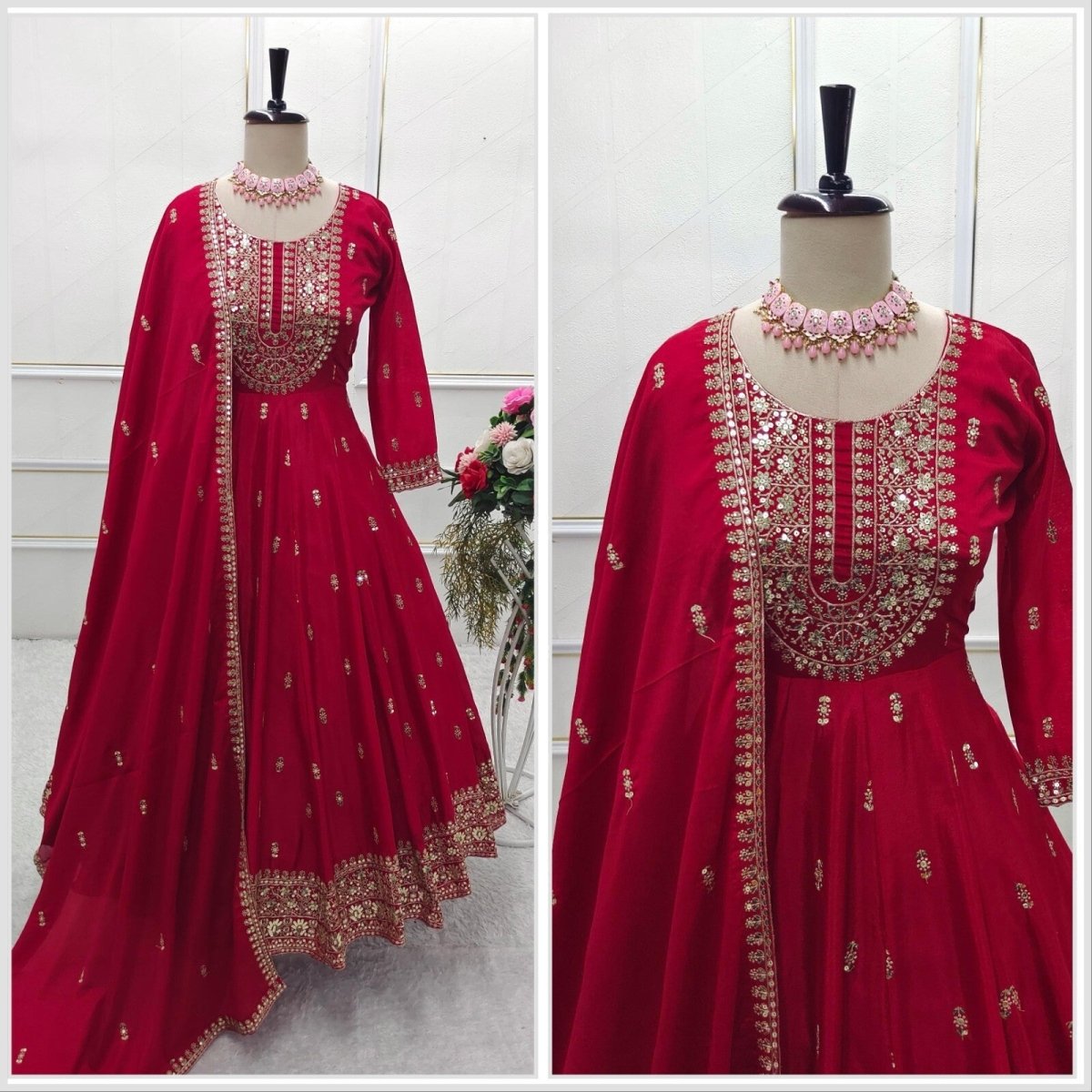 Chinon silk red Flared Anarkali Gown , Full Length Suit With Pant duppatta - 001FASHIONFORWARD