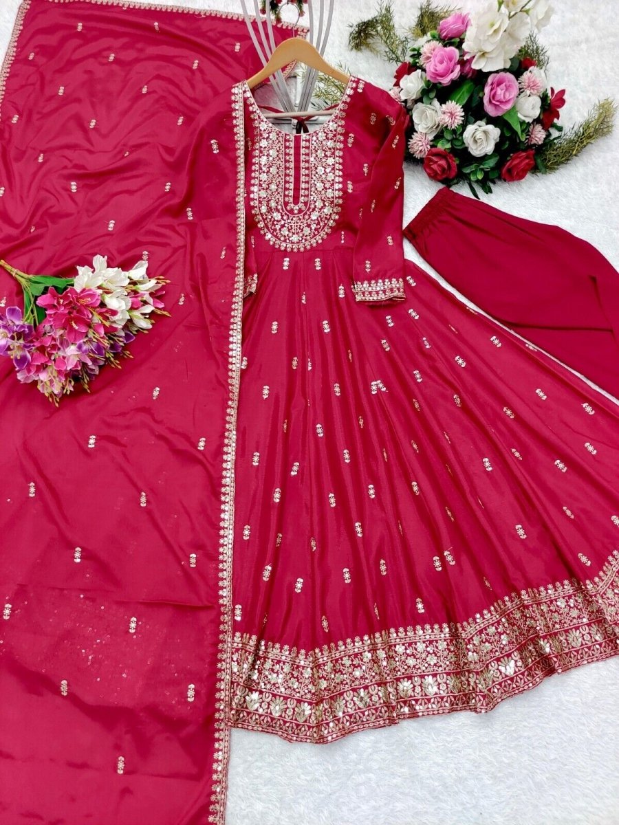 Chinon silk red Flared Anarkali Gown , Full Length Suit With Pant duppatta - 001FASHIONFORWARD