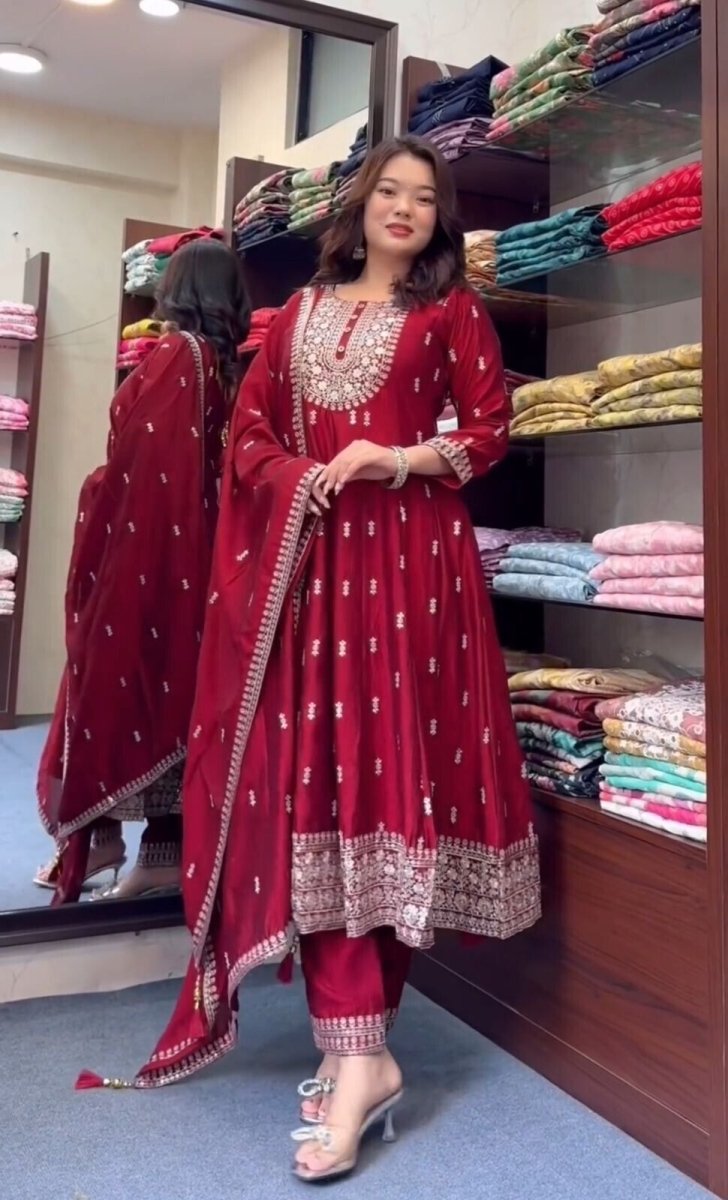 Chinon silk red Flared Anarkali Gown , Full Length Suit With Pant duppatta - 001FASHIONFORWARD