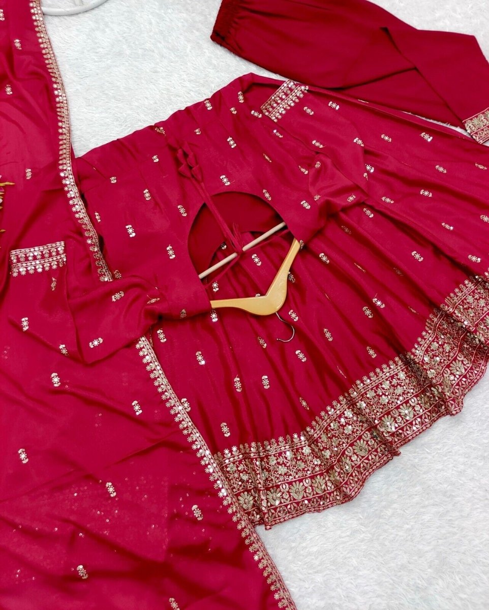 Chinon silk red Flared Anarkali Gown , Full Length Suit With Pant duppatta - 001FASHIONFORWARD