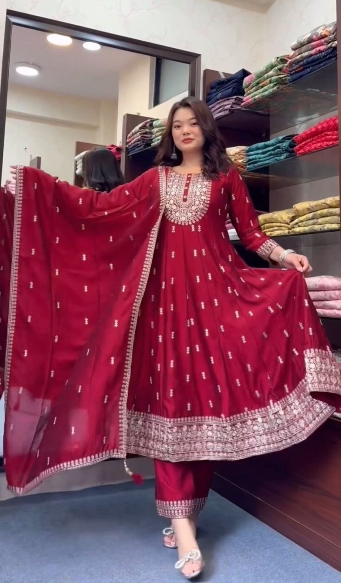 Chinon silk red Flared Anarkali Gown , Full Length Suit With Pant duppatta - 001FASHIONFORWARD