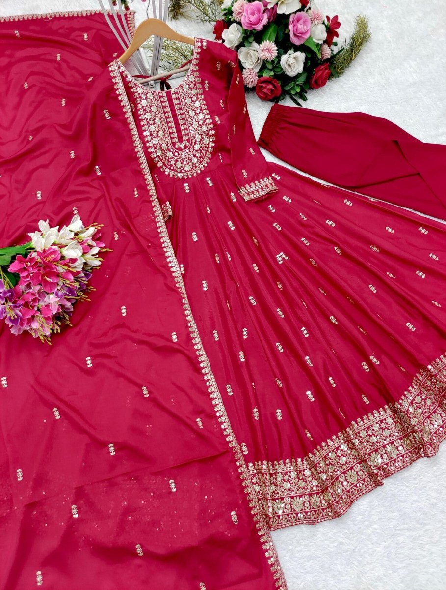 Chinon silk red Flared Anarkali Gown , Full Length Suit With Pant duppatta - 001FASHIONFORWARD