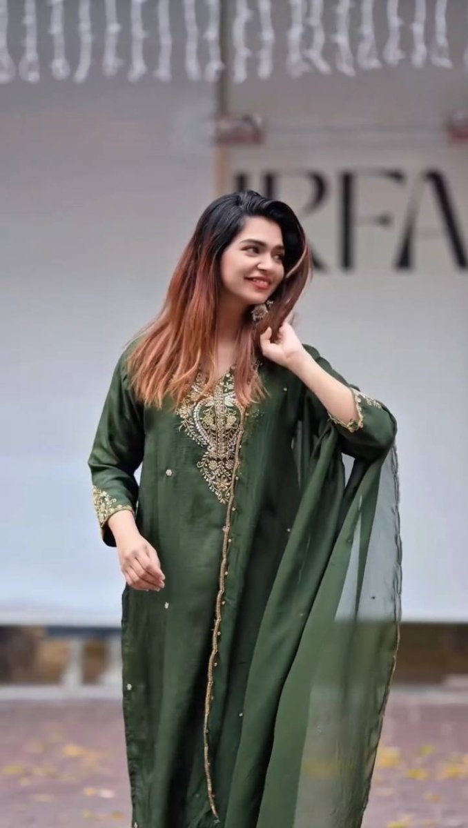 Chinon Silk Salwar Kameez Suit Set with Sequence & Zari Coding Work Orange& Green - 001FASHIONFORWARD