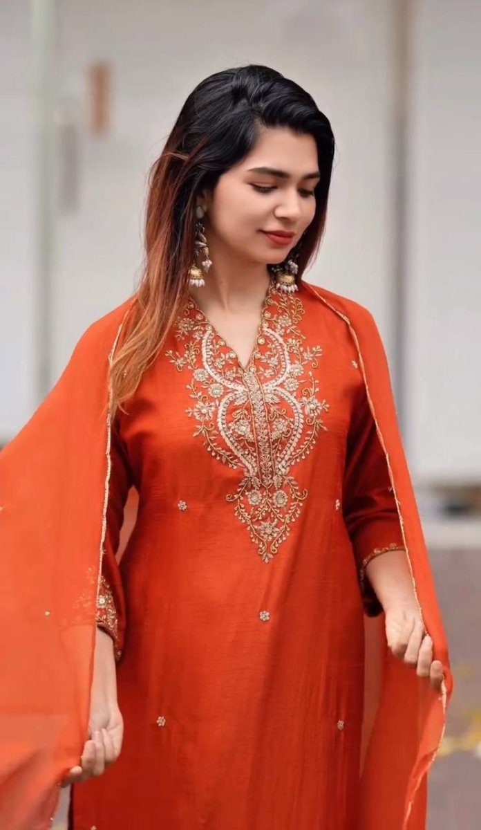 Chinon Silk Salwar Kameez Suit Set with Sequence & Zari Coding Work Orange& Green - 001FASHIONFORWARD