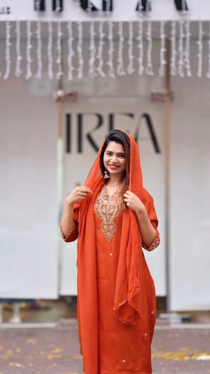 Chinon Silk Salwar Kameez Suit Set with Sequence & Zari Coding Work Orange& Green - 001FASHIONFORWARD