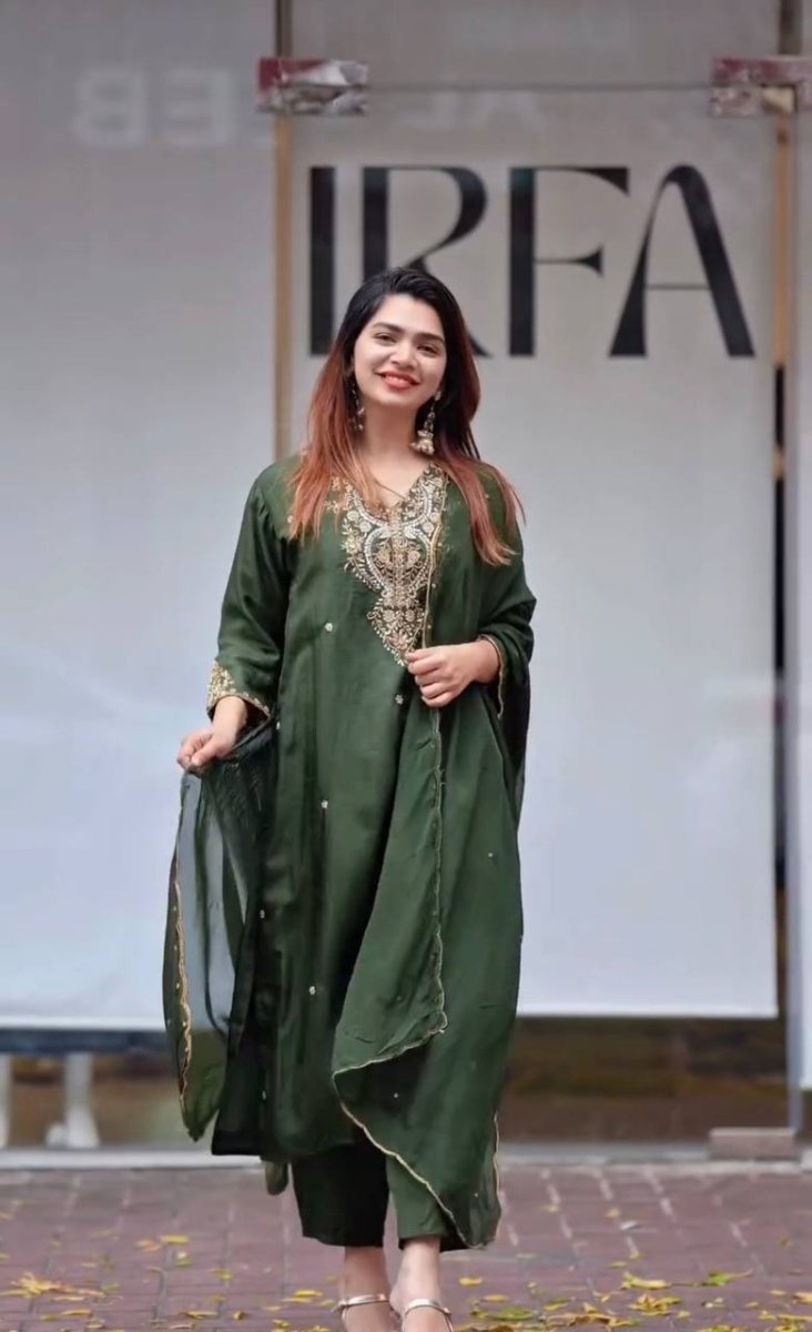 Chinon Silk Salwar Kameez Suit Set with Sequence & Zari Coding Work Orange& Green - 001FASHIONFORWARD