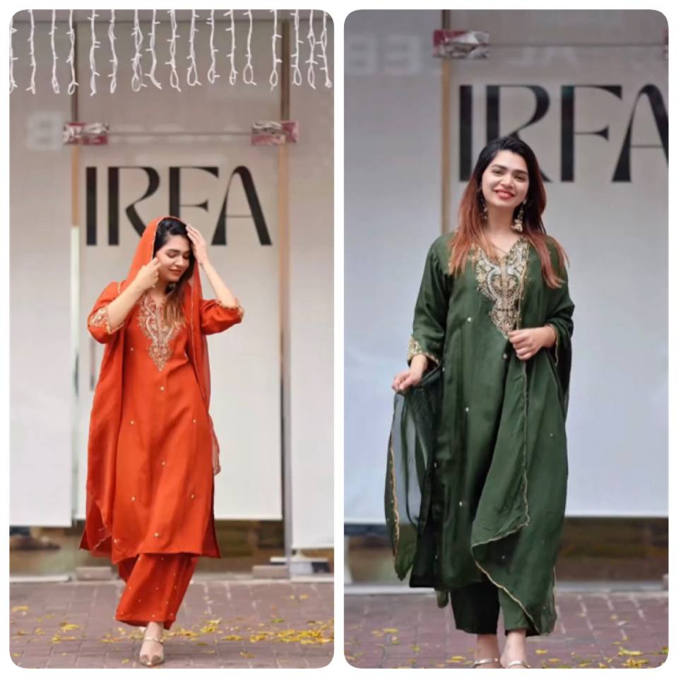 Chinon Silk Salwar Kameez Suit Set with Sequence & Zari Coding Work Orange& Green - 001FASHIONFORWARD