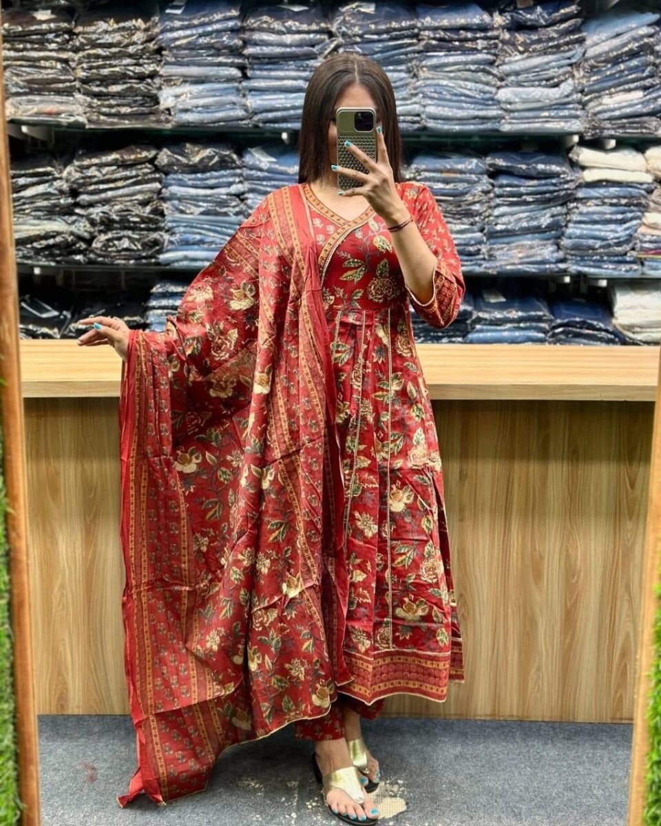 Cotton Beautiful Anarkali Kurti Suit Dress Indian Bollywood Ethnic Kurta Pant - 001FASHIONFORWARD