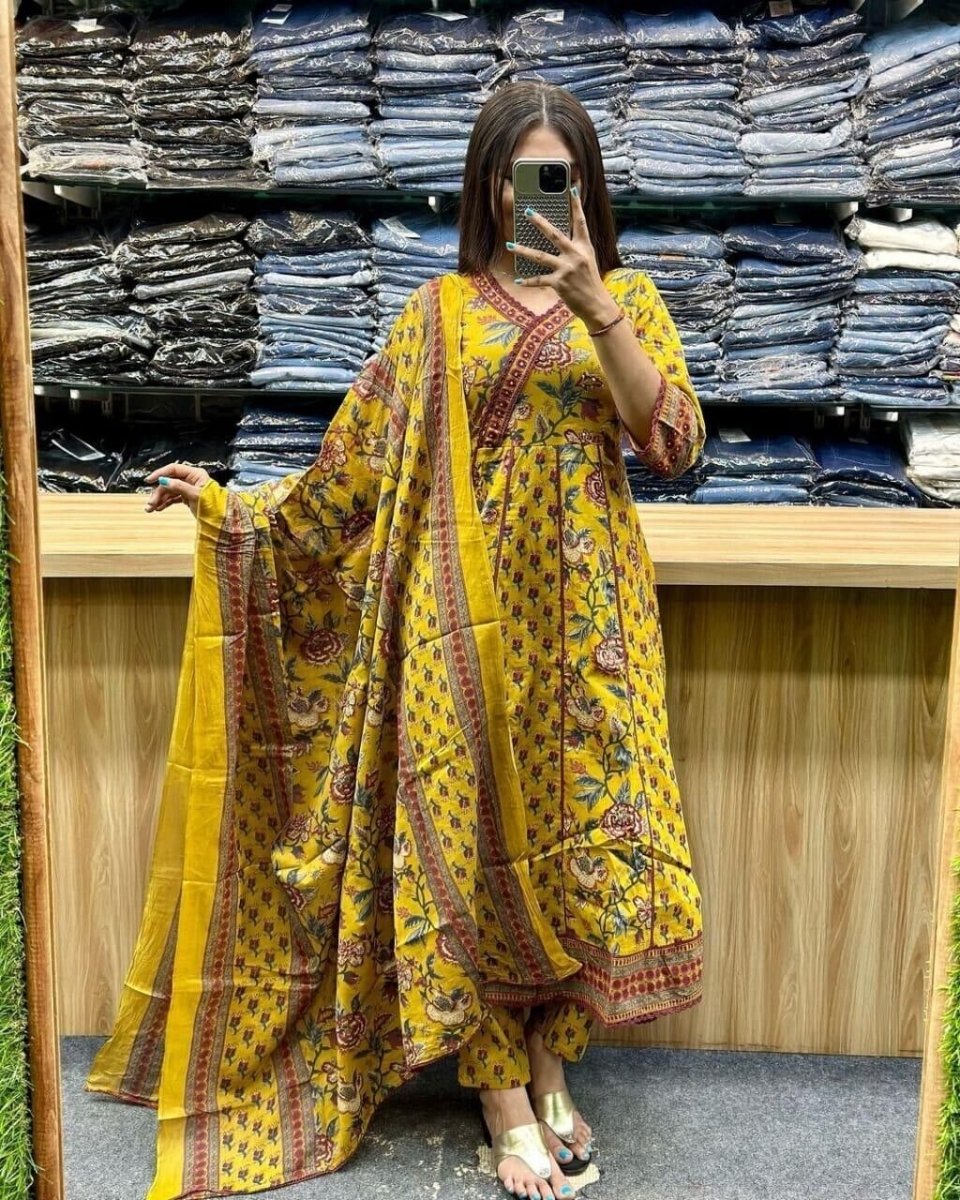 Cotton Beautiful Anarkali Kurti Suit Dress Indian Bollywood Ethnic Kurta Pant - 001FASHIONFORWARD