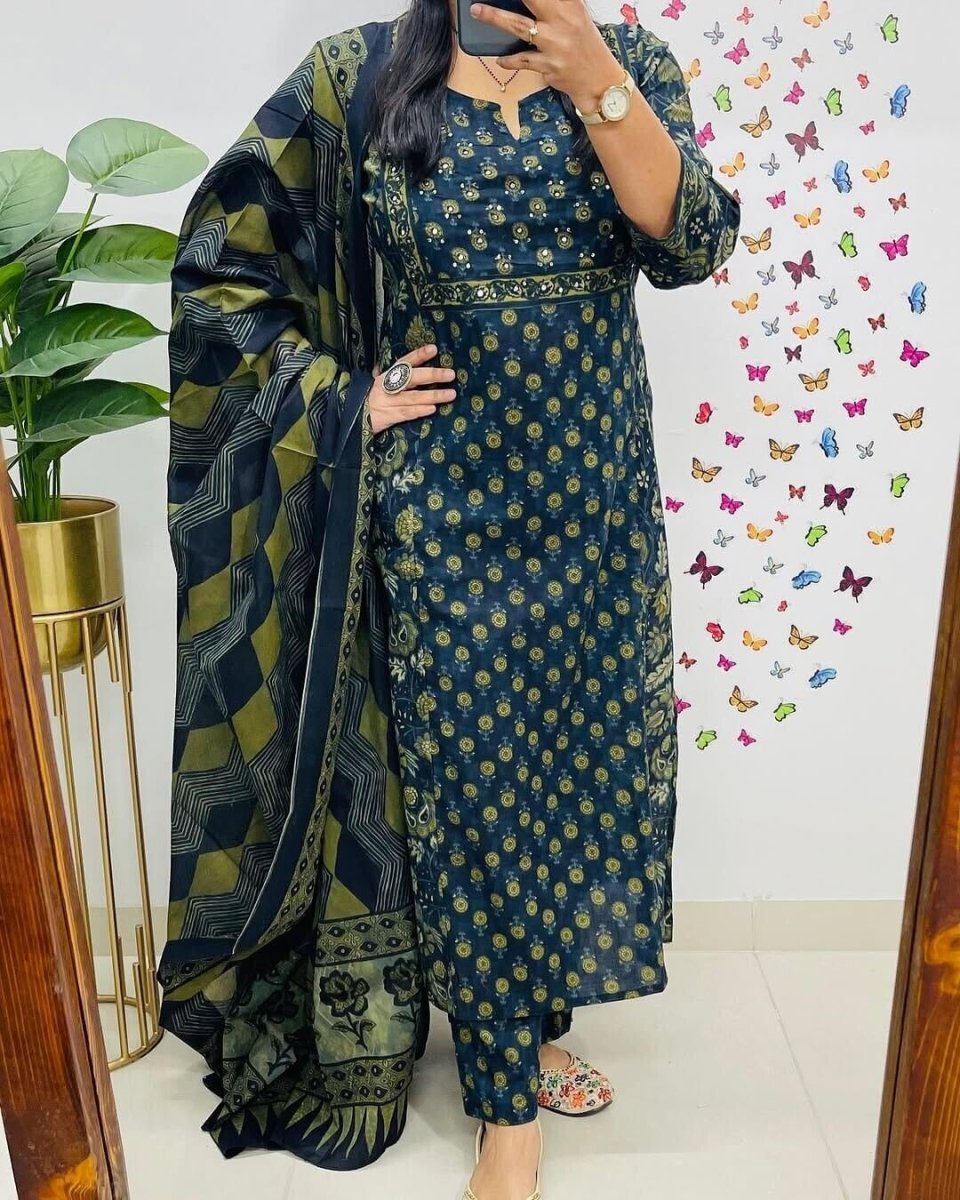 Cotton Block Print Readymade Salwar Kameez Suit Wedding & Party Wear Kurti Pant - 001FASHIONFORWARD