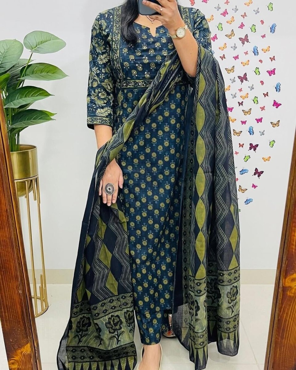 Cotton Block Print Readymade Salwar Kameez Suit Wedding & Party Wear Kurti Pant - 001FASHIONFORWARD
