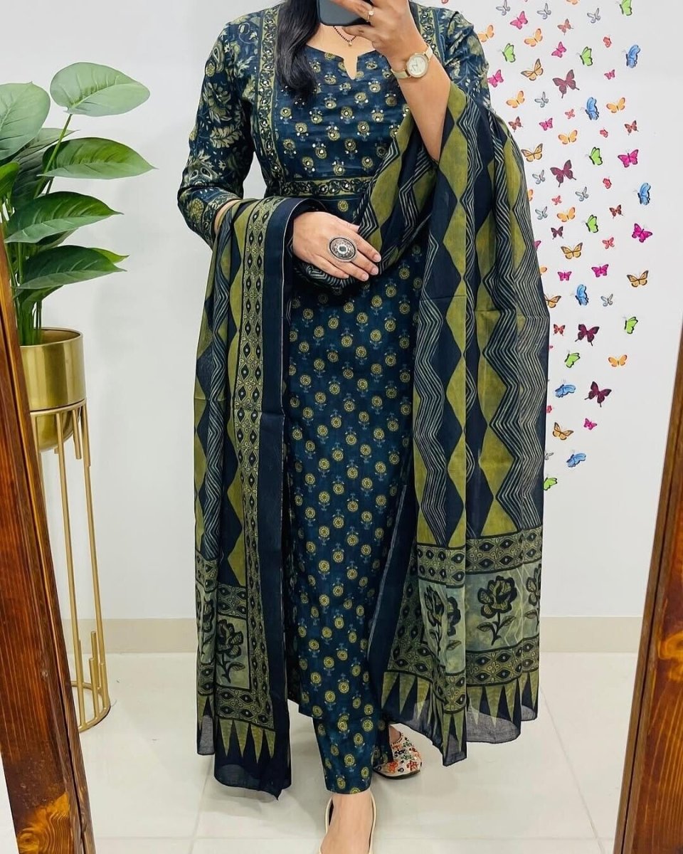 Cotton Block Print Readymade Salwar Kameez Suit Wedding & Party Wear Kurti Pant - 001FASHIONFORWARD